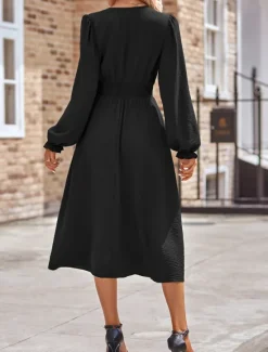 Best Women's Midi Dress Casual Dress A Line Dress Stylish Basic Casual Vacation Daily Regular Fit Plain Long Sleeve V Neck Black Army Green Summer Spring Women Work Dresses
