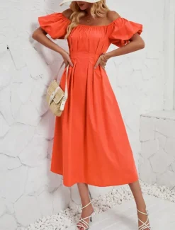 Hot Women's Midi Dress Casual Dress Swing Dress A Line Dress Elegant Stylish Casual Vacation Daily Regular Fit Plain Short Sleeve Off Shoulder Pink Orange Summer Spring Women Spring Dresses|Cocktail Dress