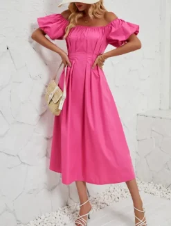 Hot Women's Midi Dress Casual Dress Swing Dress A Line Dress Elegant Stylish Casual Vacation Daily Regular Fit Plain Short Sleeve Off Shoulder Pink Orange Summer Spring Women Spring Dresses|Cocktail Dress