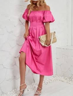 Hot Women's Midi Dress Casual Dress Swing Dress A Line Dress Elegant Stylish Casual Vacation Daily Regular Fit Plain Short Sleeve Off Shoulder Pink Orange Summer Spring Women Spring Dresses|Cocktail Dress