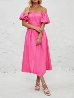 Hot Women's Midi Dress Casual Dress Swing Dress A Line Dress Elegant Stylish Casual Vacation Daily Regular Fit Plain Short Sleeve Off Shoulder Pink Orange Summer Spring Women Spring Dresses|Cocktail Dress