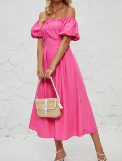 Hot Women's Midi Dress Casual Dress Swing Dress A Line Dress Elegant Stylish Casual Vacation Daily Regular Fit Plain Short Sleeve Off Shoulder Pink Orange Summer Spring Women Spring Dresses|Cocktail Dress