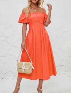Hot Women's Midi Dress Casual Dress Swing Dress A Line Dress Elegant Stylish Casual Vacation Daily Regular Fit Plain Short Sleeve Off Shoulder Pink Orange Summer Spring Women Spring Dresses|Cocktail Dress