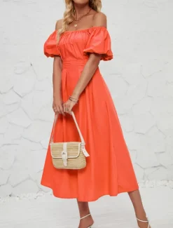 Hot Women's Midi Dress Casual Dress Swing Dress A Line Dress Elegant Stylish Casual Vacation Daily Regular Fit Plain Short Sleeve Off Shoulder Pink Orange Summer Spring Women Spring Dresses|Cocktail Dress