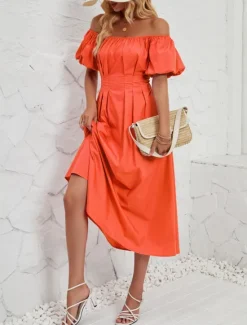 Hot Women's Midi Dress Casual Dress Swing Dress A Line Dress Elegant Stylish Casual Vacation Daily Regular Fit Plain Short Sleeve Off Shoulder Pink Orange Summer Spring Women Spring Dresses|Cocktail Dress