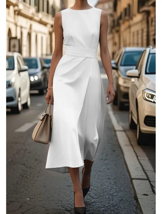 Hot Women's Midi Dress Casual Dress Tank Dress Summer Dress Fashion Modern Daily Date Weekend Regular Fit Plain Sleeveless Crew Neck Black White Blue Green Summer Women Work Dresses|White Dresses