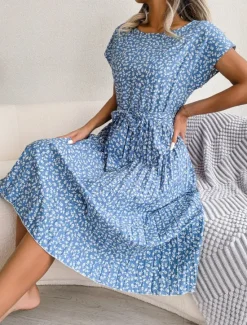 Clearance Women's Midi Dress Casual Dress A Line Dress Stylish Casual Vacation Daily Regular Fit Floral Short Sleeve Crew Neck Pink Light Blue Summer Spring Women Spring Dresses
