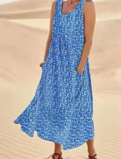 Online Women's Midi Dress Casual Dress Floral Dress Beach Dress Hawaiian Casual Vacation Daily Date Regular Fit Floral Sleeveless Crew Neck Light Pink Pink Blue Summer Women Spring Dresses|Casual Dress