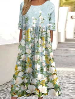 Clearance Women's Midi Dress Casual Dress T Shirt Dress Tee Dress Sundress A Line Dress Bohemia Vacation Vintage Regular Fit Ombre Floral Graphic Short Sleeve Crew Neck Sage Green Dusty Blue Light Blue Summer Women Casual Dress