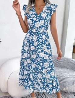 Sale Women's Midi Dress Casual Dress A Line Dress Tank Dress Stylish Casual Vacation Daily Regular Fit Floral Sleeveless V Neck Light Green Dark Blue Summer Spring Women Vacation Dresses