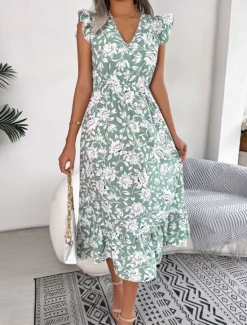 Sale Women's Midi Dress Casual Dress A Line Dress Tank Dress Stylish Casual Vacation Daily Regular Fit Floral Sleeveless V Neck Light Green Dark Blue Summer Spring Women Vacation Dresses