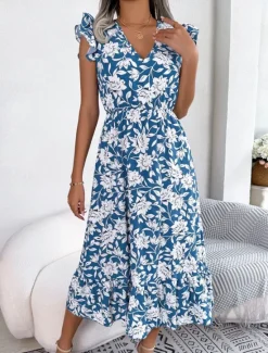Sale Women's Midi Dress Casual Dress A Line Dress Tank Dress Stylish Casual Vacation Daily Regular Fit Floral Sleeveless V Neck Light Green Dark Blue Summer Spring Women Vacation Dresses