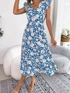 Sale Women's Midi Dress Casual Dress A Line Dress Tank Dress Stylish Casual Vacation Daily Regular Fit Floral Sleeveless V Neck Light Green Dark Blue Summer Spring Women Vacation Dresses