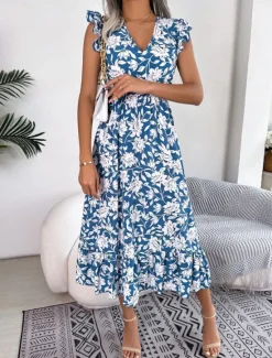 Sale Women's Midi Dress Casual Dress A Line Dress Tank Dress Stylish Casual Vacation Daily Regular Fit Floral Sleeveless V Neck Light Green Dark Blue Summer Spring Women Vacation Dresses