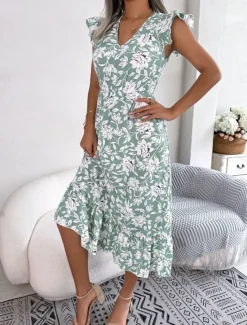 Sale Women's Midi Dress Casual Dress A Line Dress Tank Dress Stylish Casual Vacation Daily Regular Fit Floral Sleeveless V Neck Light Green Dark Blue Summer Spring Women Vacation Dresses