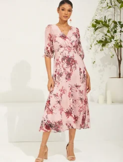 New Women's Midi Dress Chiffon Dress Elegant Stylish Puff Sleeve Wedding Wedding Guest Daily Regular Fit Floral Half Sleeve V Neck Summer Spring Fall Women Spring Dresses