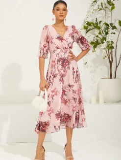 New Women's Midi Dress Chiffon Dress Elegant Stylish Puff Sleeve Wedding Wedding Guest Daily Regular Fit Floral Half Sleeve V Neck Summer Spring Fall Women Spring Dresses