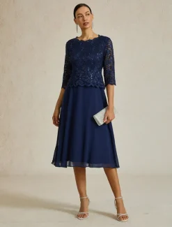 Online Women's Midi Dress Chiffon Dress Elegant Party Birthday Regular Fit Solid Color 3/4 Length Sleeve Crew Neck Summer Spring Fall Women Cocktail Dress