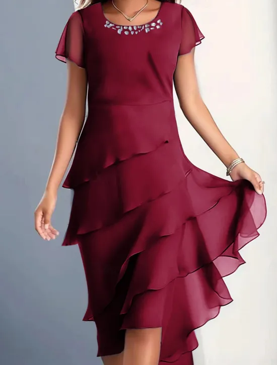 Clearance Women's Midi Dress Cocktail Dress Wedding Guest Dress Chiffon Dress Plain Dress Elegant Formal Wedding Guest Cocktail Party Regular Fit Short Sleeve Crew Neck Wine Blue Camel Green Summer Women Cocktail Dress