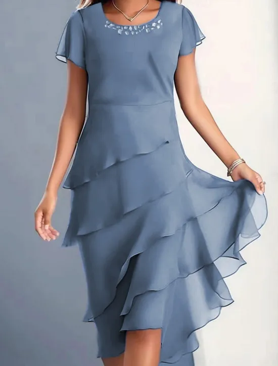Clearance Women's Midi Dress Cocktail Dress Wedding Guest Dress Chiffon Dress Plain Dress Elegant Formal Wedding Guest Cocktail Party Regular Fit Short Sleeve Crew Neck Wine Blue Camel Green Summer Women Cocktail Dress