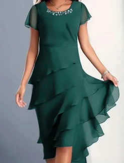 Clearance Women's Midi Dress Cocktail Dress Wedding Guest Dress Chiffon Dress Plain Dress Elegant Formal Wedding Guest Cocktail Party Regular Fit Short Sleeve Crew Neck Wine Blue Camel Green Summer Women Cocktail Dress