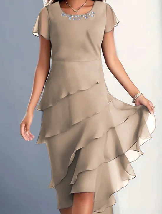 Clearance Women's Midi Dress Cocktail Dress Wedding Guest Dress Chiffon Dress Plain Dress Elegant Formal Wedding Guest Cocktail Party Regular Fit Short Sleeve Crew Neck Wine Blue Camel Green Summer Women Cocktail Dress