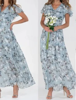 Online Women's Midi Dress Cocktail Dress Floral Dress Print Dress Fashion Modern Outdoor Vacation Tea Party Regular Fit Flower Short Sleeve V Neck Blue Green Light Blue Summer Women Floral Dresses