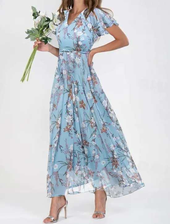 Online Women's Midi Dress Cocktail Dress Floral Dress Print Dress Fashion Modern Outdoor Vacation Tea Party Regular Fit Flower Short Sleeve V Neck Blue Green Light Blue Summer Women Floral Dresses