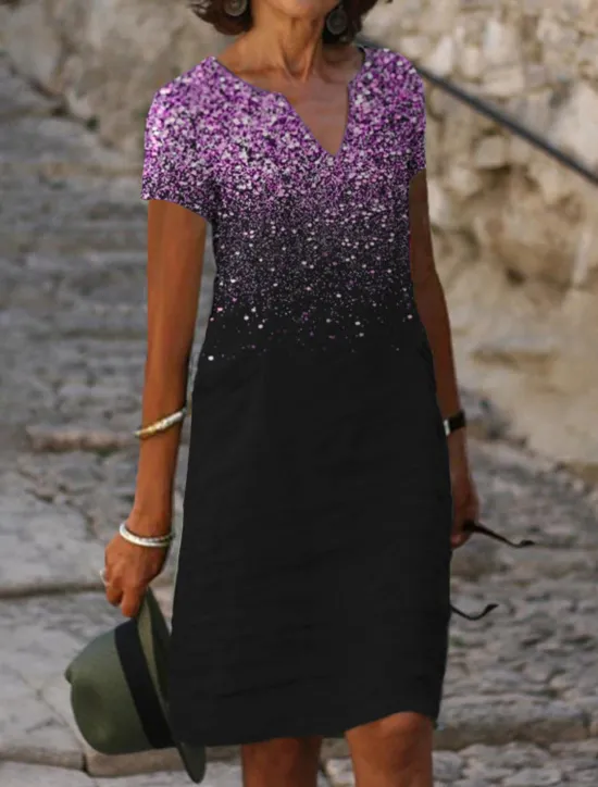 New Women's Midi Dress Cocktail Dress V-Neck Sequin Gradient Black Elegant Knee-length Party Evening Short Sleeve Regular Fit Women Cocktail Dress