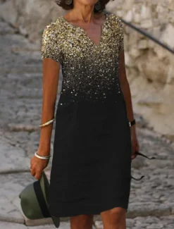 New Women's Midi Dress Cocktail Dress V-Neck Sequin Gradient Black Elegant Knee-length Party Evening Short Sleeve Regular Fit Women Cocktail Dress
