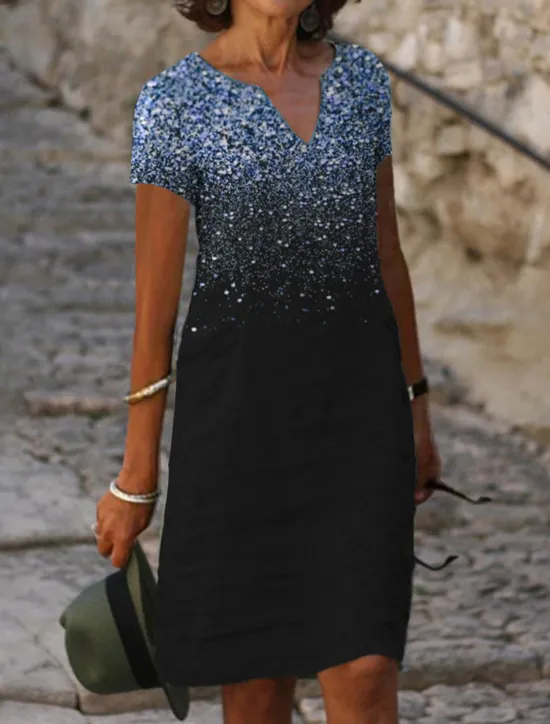 New Women's Midi Dress Cocktail Dress V-Neck Sequin Gradient Black Elegant Knee-length Party Evening Short Sleeve Regular Fit Women Cocktail Dress