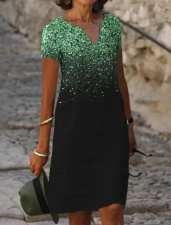 New Women's Midi Dress Cocktail Dress V-Neck Sequin Gradient Black Elegant Knee-length Party Evening Short Sleeve Regular Fit Women Cocktail Dress