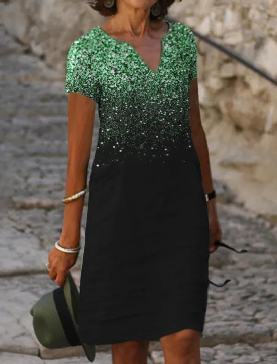 New Women's Midi Dress Cocktail Dress V-Neck Sequin Gradient Black Elegant Knee-length Party Evening Short Sleeve Regular Fit Women Cocktail Dress