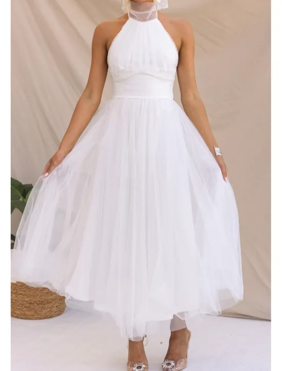 Online Women's Midi Dress Cocktail Dress Halter Neck Dress Elegant Fashion Party Birthday Tea Party Regular Fit Plain Sleeveless Halter Neck White Pink Apricot Summer Women White Dresses