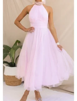 Online Women's Midi Dress Cocktail Dress Halter Neck Dress Elegant Fashion Party Birthday Tea Party Regular Fit Plain Sleeveless Halter Neck White Pink Apricot Summer Women White Dresses