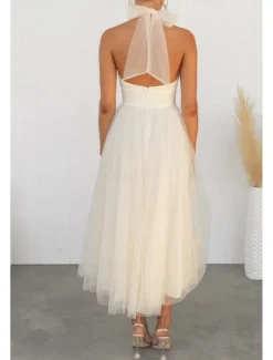 Online Women's Midi Dress Cocktail Dress Halter Neck Dress Elegant Fashion Party Birthday Tea Party Regular Fit Plain Sleeveless Halter Neck White Pink Apricot Summer Women White Dresses