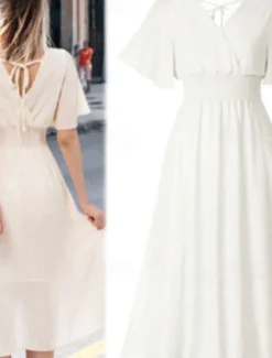 Best Women's Midi Dress Cocktail Dress Wedding Guest Dress Chiffon Dress Fashion Modern Vacation Tea Party Weekend Regular Fit Plain Short Sleeve V Neck Black White Pink Apricot Summer Women Cocktail Dress