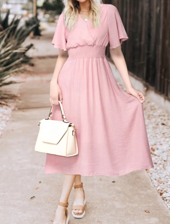 Best Women's Midi Dress Cocktail Dress Wedding Guest Dress Chiffon Dress Fashion Modern Vacation Tea Party Weekend Regular Fit Plain Short Sleeve V Neck Black White Pink Apricot Summer Women Cocktail Dress