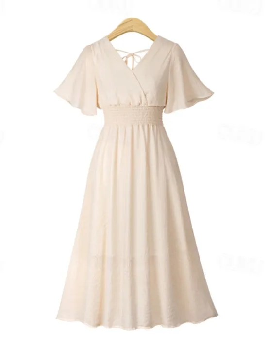 Best Women's Midi Dress Cocktail Dress Wedding Guest Dress Chiffon Dress Fashion Modern Vacation Tea Party Weekend Regular Fit Plain Short Sleeve V Neck Black White Pink Apricot Summer Women Cocktail Dress
