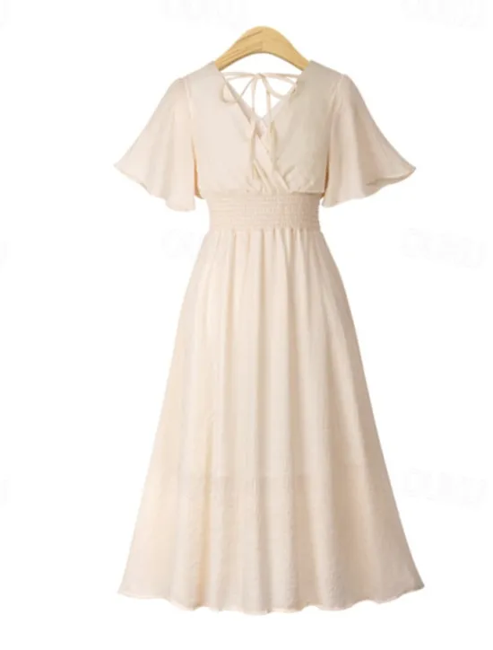 Best Women's Midi Dress Cocktail Dress Wedding Guest Dress Chiffon Dress Fashion Modern Vacation Tea Party Weekend Regular Fit Plain Short Sleeve V Neck Black White Pink Apricot Summer Women Cocktail Dress