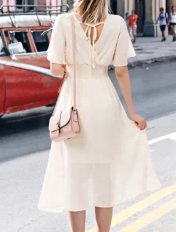 Best Women's Midi Dress Cocktail Dress Wedding Guest Dress Chiffon Dress Fashion Modern Vacation Tea Party Weekend Regular Fit Plain Short Sleeve V Neck Black White Pink Apricot Summer Women Cocktail Dress