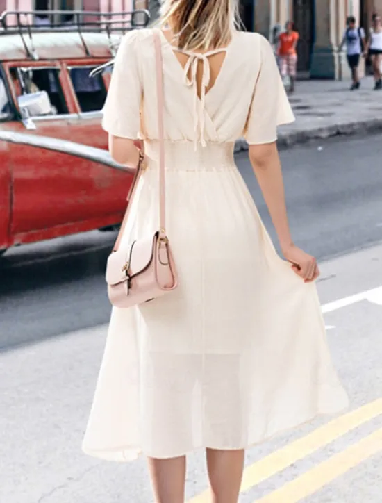 Best Women's Midi Dress Cocktail Dress Wedding Guest Dress Chiffon Dress Fashion Modern Vacation Tea Party Weekend Regular Fit Plain Short Sleeve V Neck Black White Pink Apricot Summer Women Cocktail Dress
