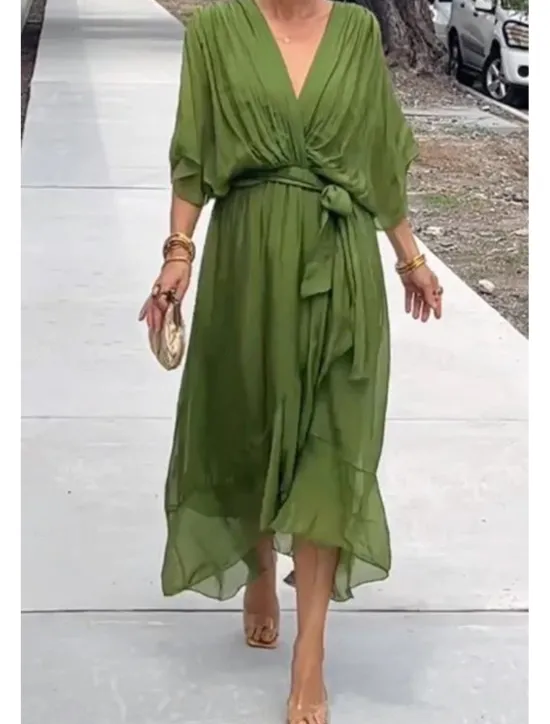 Online Women's Midi Dress Cocktail Dress Wedding Guest Dress Chiffon Dress Summer Dress Fashion Batwing Sleeve Holiday Date Going out Regular Fit Plain Half Sleeve V Neck Blue Purple Green Spring Women Cocktail Dress