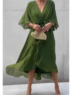 Online Women's Midi Dress Cocktail Dress Wedding Guest Dress Chiffon Dress Summer Dress Fashion Batwing Sleeve Holiday Date Going out Regular Fit Plain Half Sleeve V Neck Blue Purple Green Spring Women Cocktail Dress