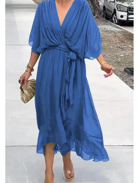 Online Women's Midi Dress Cocktail Dress Wedding Guest Dress Chiffon Dress Summer Dress Fashion Batwing Sleeve Holiday Date Going out Regular Fit Plain Half Sleeve V Neck Blue Purple Green Spring Women Cocktail Dress