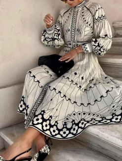 Online Women's Midi Dress Corset Dress A Line Dress Puff Sleeve Dress Vacation Semi Formal Formal Vacation Work Regular Fit Graphic Short Sleeve High Neck Summer Women Casual Dress