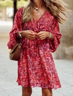 Clearance Women's Midi Dress Corset Dress Shift Dress Summer Dress Puff Sleeve Dress Vacation Vacation Daily Regular Fit Graphic 3/4 Length Sleeve V Neck Red Blue Purple Brown Summer Women Casual Dress