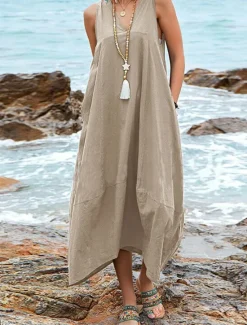 Online Women's Midi Dress Cotton Linen Dress Basic Casual Vacation Daily Regular Fit Plain Sleeveless V Neck Black Wine Khaki Summer Women Dresses