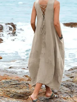 Online Women's Midi Dress Cotton Linen Dress Basic Casual Vacation Daily Regular Fit Plain Sleeveless V Neck Black Wine Khaki Summer Women Dresses