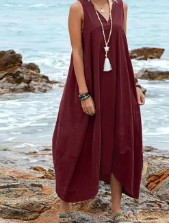 Online Women's Midi Dress Cotton Linen Dress Basic Casual Vacation Daily Regular Fit Plain Sleeveless V Neck Black Wine Khaki Summer Women Dresses